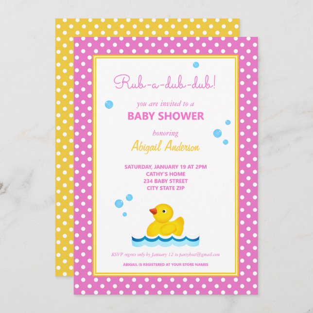 Gelbe und rosa Duck Polka Dots Baby Dusche Invita Einladung (Vorne/Hinten)
