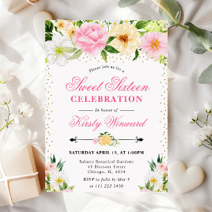 Gelbe und rosa Sommerblumen Foto Sweet 16 Einladung