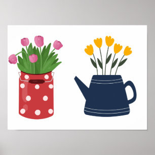 Gelbe und rosa Tulips in zwei Vasen Poster