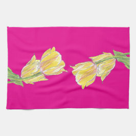 Gelbe und rosa Tulpen auf einem lebendigen rosa Kü Geschirrtuch