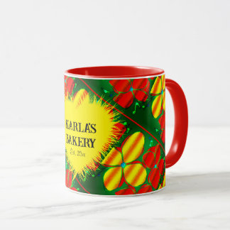 Gelbe und rote Blume mit grüner Tasse