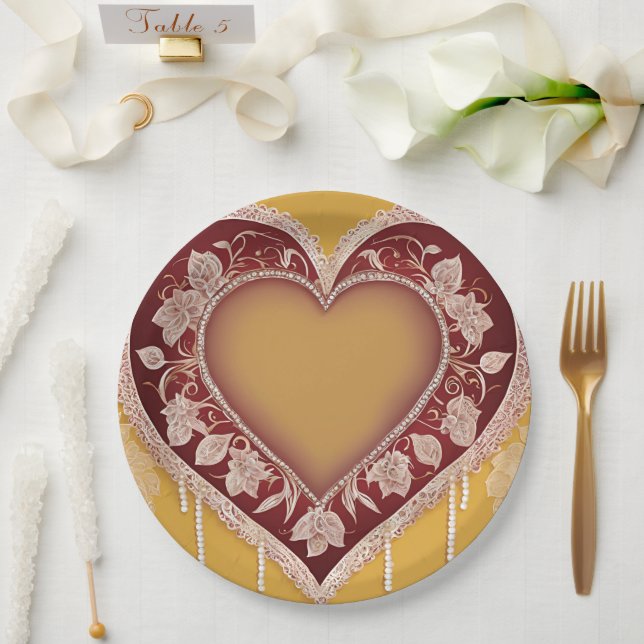 Gelbe und rote Blumenmuster AI-Kunst Pappteller (Hochzeit)