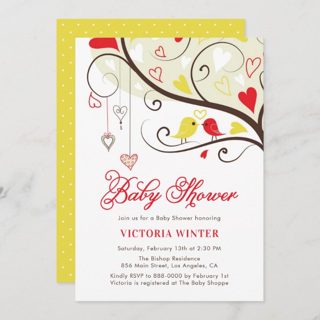 Gelbe und rote Vögel und Herzsaiten Babydusche Einladung (Vorne/Hinten)