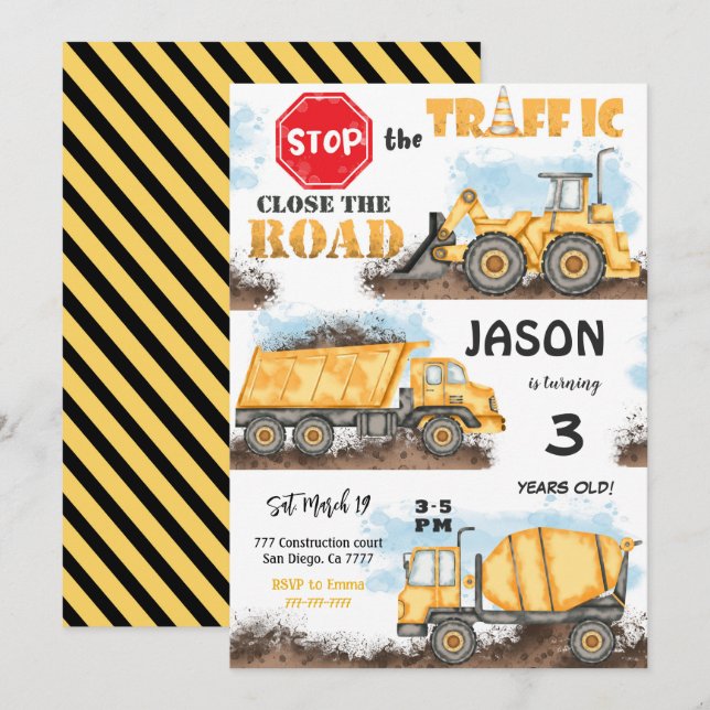 Gelbe und schwarze Bauweise Geburtstagseinladung Einladung (Vorne/Hinten)