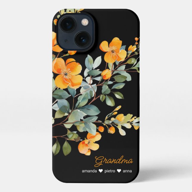 Gelbe und schwarze Oma Grandkids' Names iPhone Hülle (Rückseite)