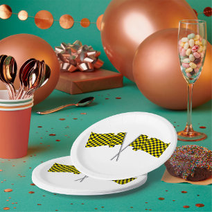 Gelbe und schwarze Racefahnen Pappteller