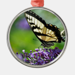 Gelbe und schwarze Schmetterling auf Lavendel Silbernes Ornament