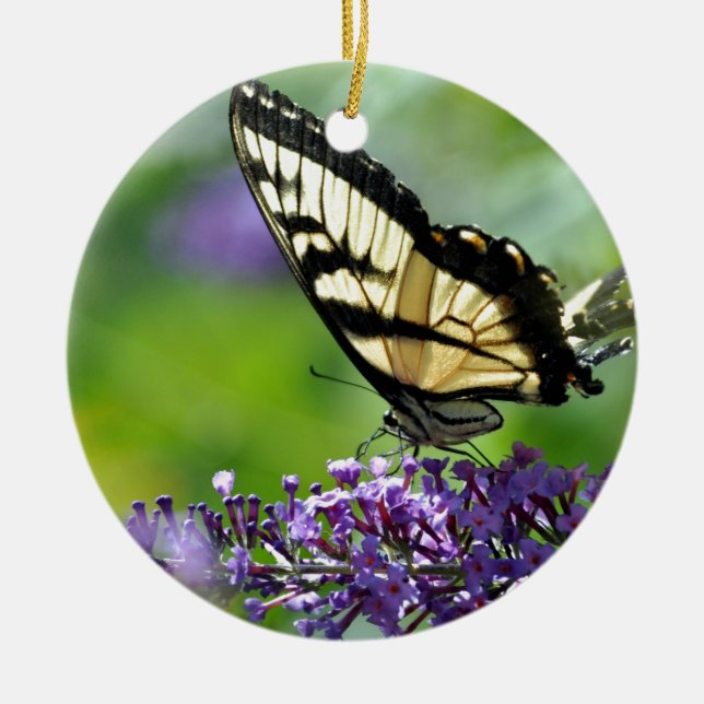 Gelbe und schwarze Schmetterlinge auf dem Lavendel Keramik Ornament (Vorne)