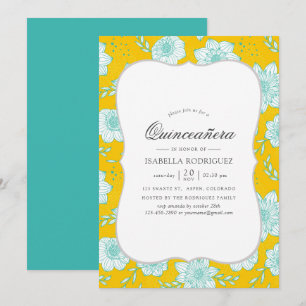 Gelbe und Türkisfarbene Floral Quinceañera Einladung