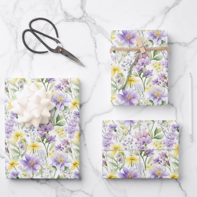 Gelbe und violette Blumen Botanische Schrift Geschenkpapier Set (Vorderseite)