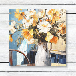 Gelbe und weiße Blume in Vase Blue Wall Leinwanddruck