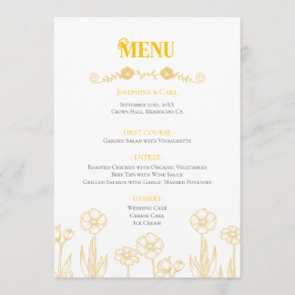 Gelbe und weiße Blumenhochzeit Menükarte