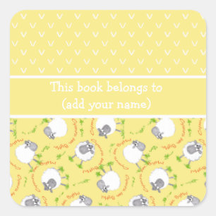 Gelbe und weiße Buchzeichen mit Comic Sheep Quadratischer Aufkleber