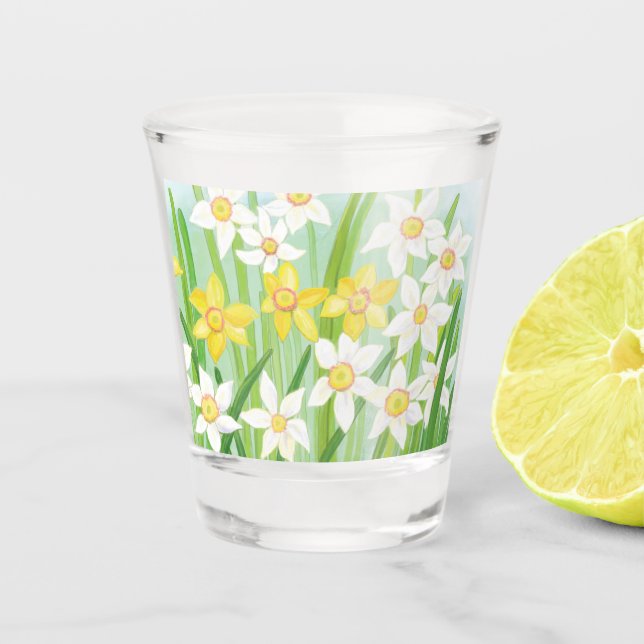 Gelbe und weiße Kleidung im Frühling Schnapsglas (Vorderseite)