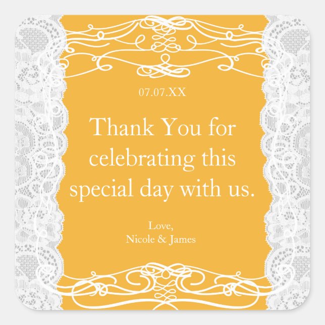 Gelbe und weiße Spitzen Elegante Hochzeitstipps Quadratischer Aufkleber (Vorderseite)