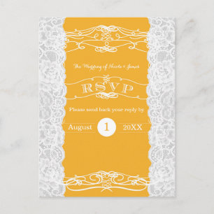 Gelbe und weiße Spitzen Elegante Wedding RSVP Card Einladungspostkarte