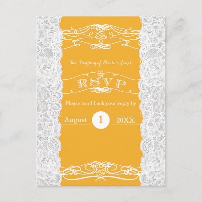 Gelbe und weiße Spitzen Elegante Wedding RSVP Card Einladungspostkarte (Vorderseite)