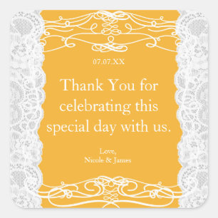 Gelbe und weiße Spitzen-Hochzeitsaufkleber Quadratischer Aufkleber