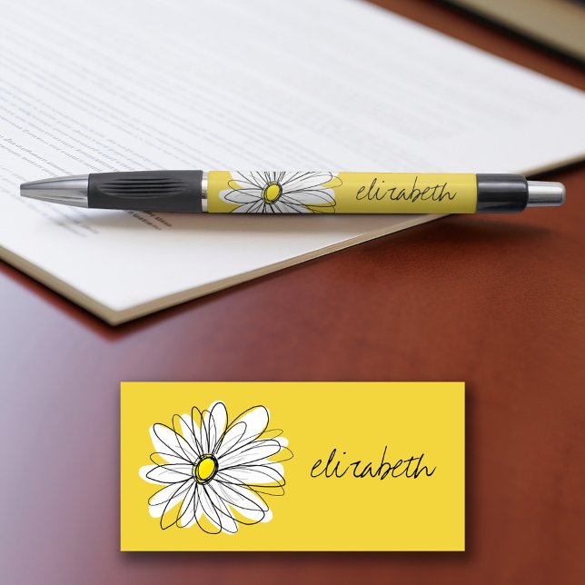 Gelbe und weiße weiße, weißliche Daisy mit benutze Kugelschreiber (Personalized writing pens - add your name or other text)