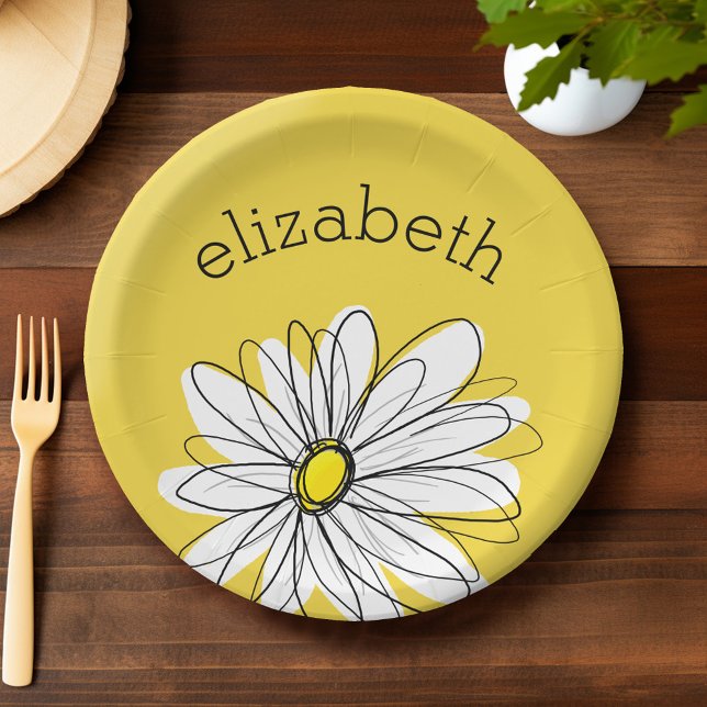 Gelbe und weiße weiße, weißliche Daisy mit benutze Pappteller (Personalized paper plate with a whimsical daisy)