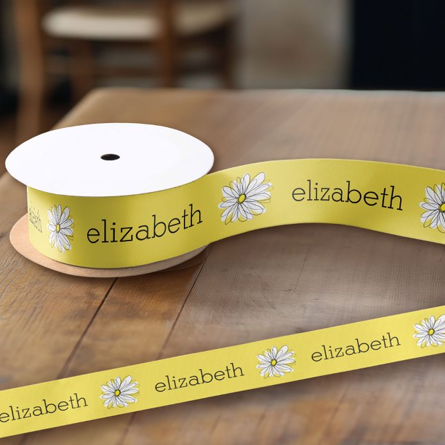 Gelbe und weiße weiße, weißliche Daisy mit benutze Satinband (Custom Ribbon on a Roll - Personalize this ribbon with you text)