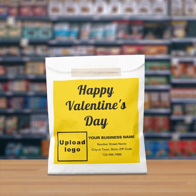Gelbe Unternehmensmarke; Valentine; Papiertüte Geschenktütchen (Yellow business brand with Valentine greeting on paper bag.)