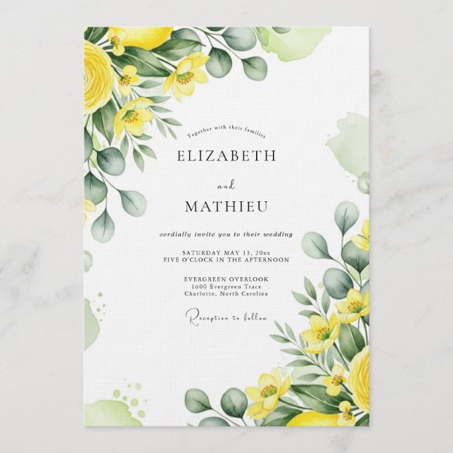 Gelbe üppige botanische Hochzeit Einladung (Vorderseite)