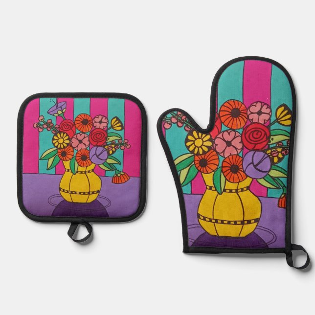 Gelbe Vase Ofenhandschuh & Topflappen-Set (Vorderseite)