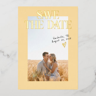 Gelbe Verlobungsfoto-Save-the-Date-Folienkarte Folieneinladung