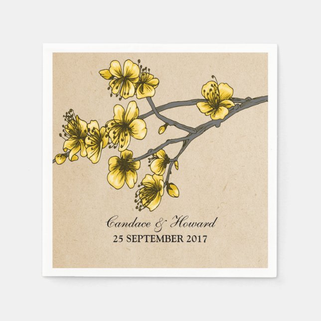 Gelbe Vintage Kirschblüten Papier Napkins Serviette (Vorderseite)