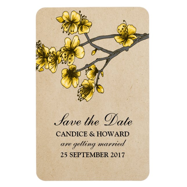 Gelbe Vintage Kirschblüten Save the Date Magnet (Vertikal)