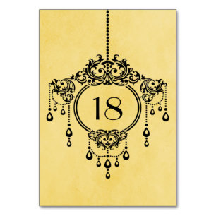 Gelbe Vintage Kronleuchterkarte Tischnummer