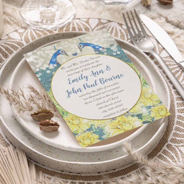 Gelbe Vintage Pfauenhochzeit in Grau und Blau Einladung (Von Creator hochgeladen)