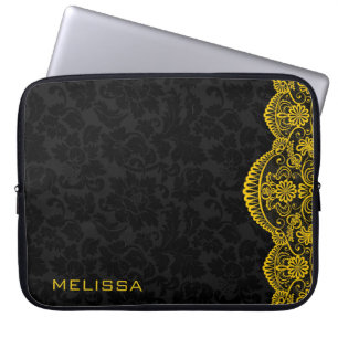 Gelbe Vintage-Spitze schwarze Damaststoffe Laptopschutzhülle