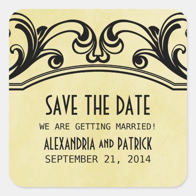 Gelbe Vintage Wirbel Save the Date Stickers (Vorderseite)