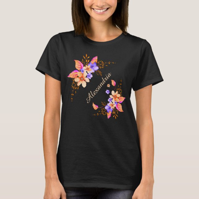 Gelbe violette Blumen Abstraktes Aquarellmuster T-Shirt (Vorderseite)
