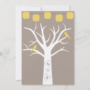 Gelbe Vögel in einem Baum und Papiergeländer Hochz Einladung