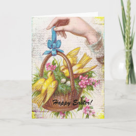 Gelbe Vögel in einem Korb, Ostern Feiertagskarte