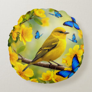 🐦 Gelbe Vogel Kunstvolle Natur Heimdekoration 🌿✨ Rundes Kissen