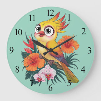 Gelbe Vögel mit Blume Große Wanduhr