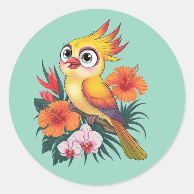 Gelbe Vögel mit Blume Runder Aufkleber (Vorderseite)