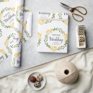 Gelbe W/C-Blumen Namen & Datum auf weißer Hochzeit Geschenkpapier