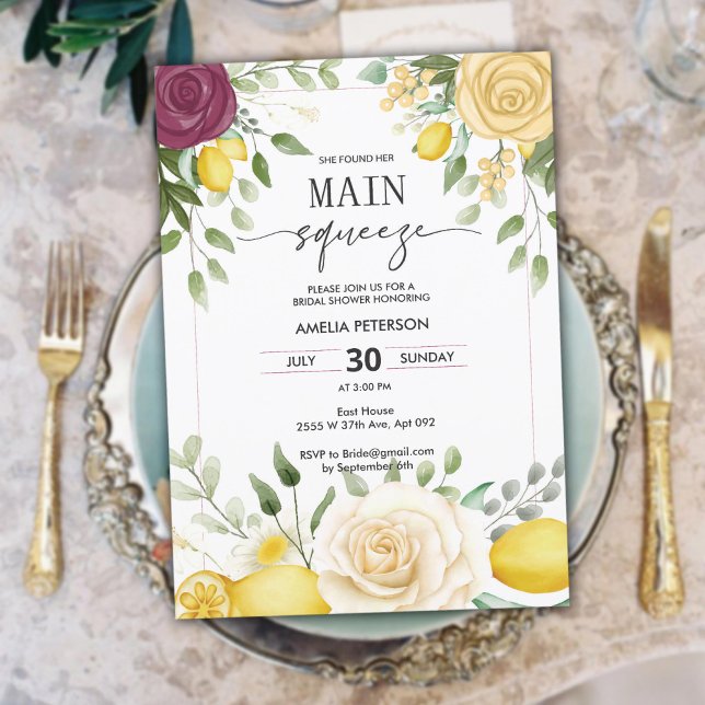 Gelbe Wasserfarbe Lemon Brautparty Hauptpresse Einladung (Yellow Watercolor Lemon Bridal Shower Main Squeeze Invitation)