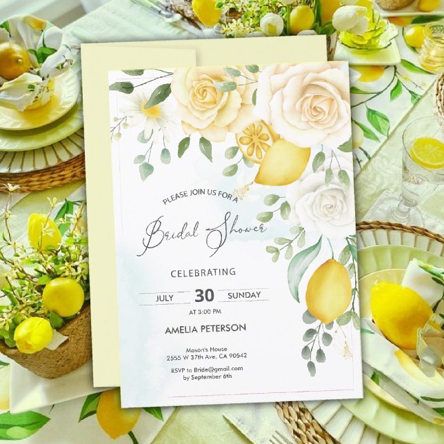 Gelbe Wasserfarbe Rose und ZitronenBrautparty Einladung (lemon bridal shower Invitation)
