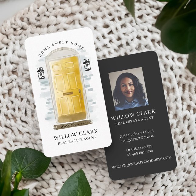 Gelbe Wasserfarbenfront Tür Real Anwesen Agent Visitenkarte (Yellow Watercolor Front Door Real Estate Agent Business Card)