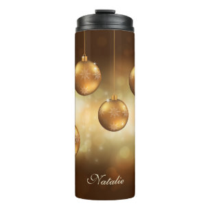 Gelbe Weihnachtsbaumkugeln mit individuellem Namen Thermosbecher