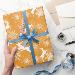 Gelbe Weihnachtsschneeflocken Hirsch Muster Geschenkpapier