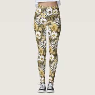 Gelbe, weiße Blume auf Tigerhintergrund Leggings