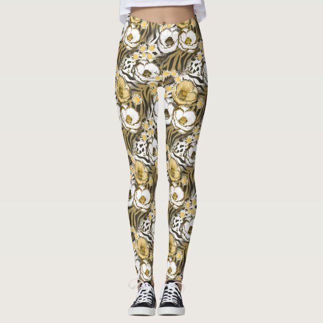 Gelbe, weiße Blume auf Tigerhintergrund Leggings (Vorderseite)