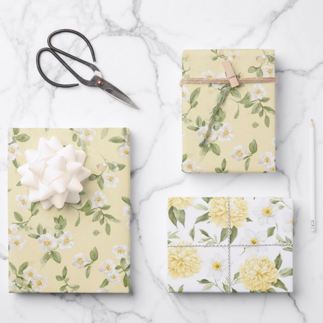 Gelbe Weiße Blumen Geburtstag Geschenkpapier Set (Vorderseite)